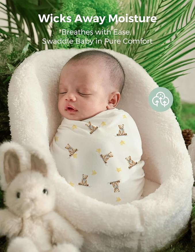 Momcozy Muslin Swaddle Blankets, Breathable and Skin-Friendly Receiving Blankets, Best Wishes Swaddle Blanket Shower Gifts & Baby Registry Essentials, Large 47"x47", Cuddle Buddies