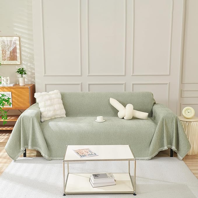 HANDONTIME Sage Green Sofa Cover, Soft Chenille Couch Slipcover with Tassels, Washable Sofa Protector for Pets & Kids, Pet Couch Cover Fit 3 Cushion Couch, Loveseat Cover Breathable Durable, 91"x134"