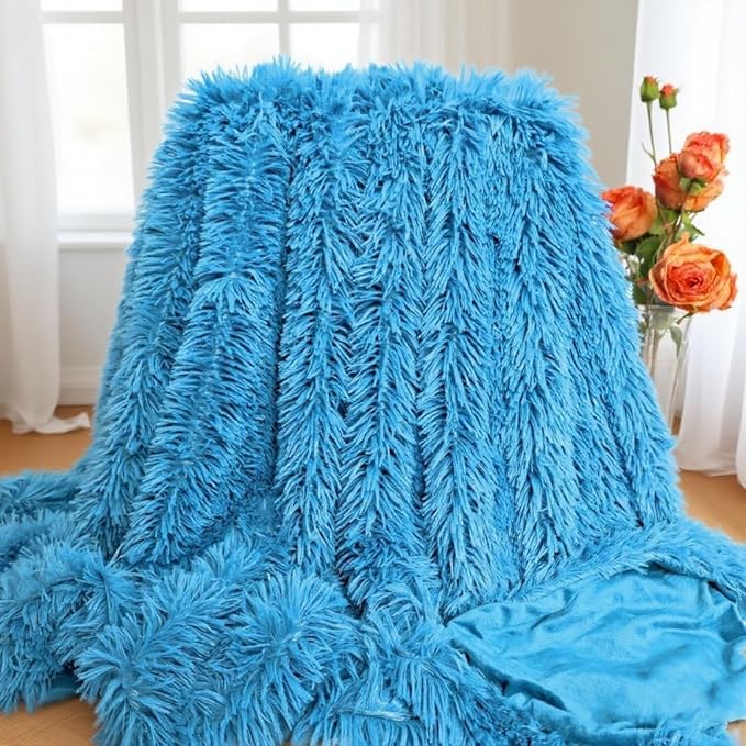 Plush Super Soft Blanket Bedding Sofa Cover Furry Fuzzy Fur Warm Throw Qulit Cozy Couch Blanket for Winter (63"x79", Sky Blue)
