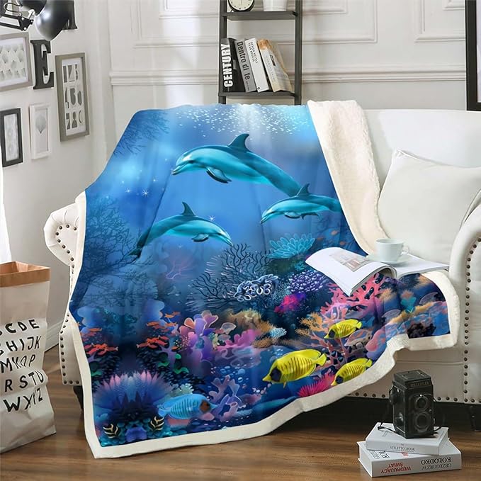 Underwater Oasis Blanket Throw, Dolphin Under The Sea Coral Fish Anemone Deep Ocean Fantasy Bubble Fleece Blanket, Decorative Sofa Sherpa Blanket Ultra Soft, Baby 30"x40", Blue Purple