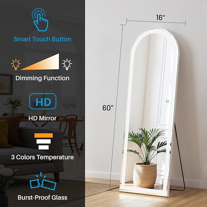 NEWBULIG Arched Full Length Mirror with Stand 16"×60", LED Light Floor Standing with 3 Color Lighting for Bedroom Body Hanging Modern Simple Home Decor Wall Living Room Cloakroom