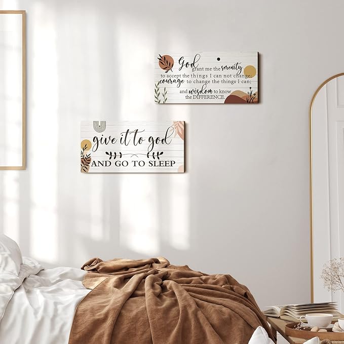 Chunful 2 Pcs Give It to God and Go to Sleep Sign Above Bed Wall Decor Serenity Prayer Sign Prayer Wall Art Rustic Farmhouse Vintage Bedroom Decor for Home(Boho Style)