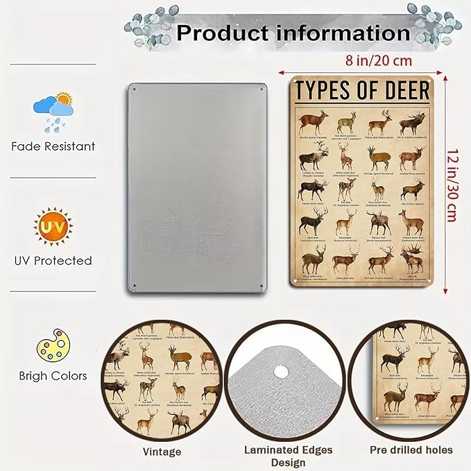 Deer Gifts Types of Deer Vintage Tin Sign for Home Office Farmhouse Man Cave Classroom Wall Art Decor 8x12 Inch (3169)