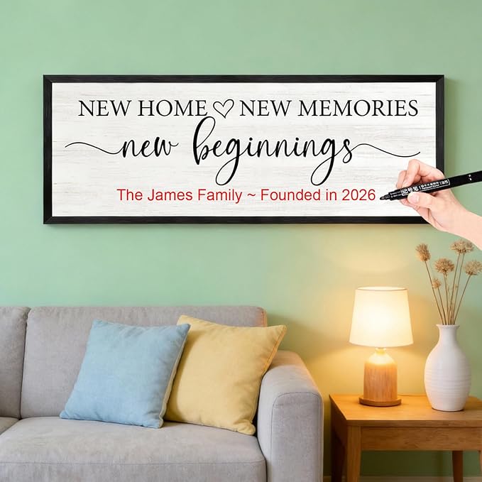 New Home, New Memories, New Beginnings Wall Decor Sign – 32x12 Inch Framed Wooden Sign with Writable Family Name & Year Space, Rustic Farmhouse Housewarming Gift for New Home, Entryway, Living Room, Black