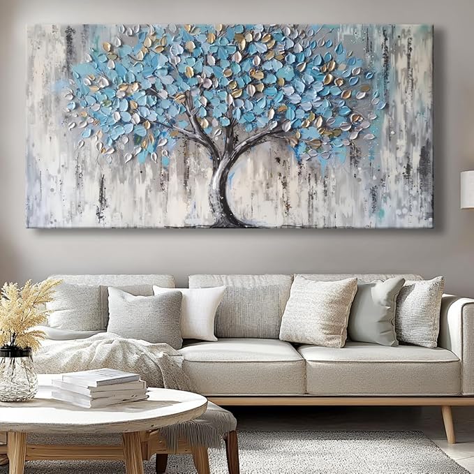 Tree of Life Canvas Wall Art - Abstract Light Blue Artwork for Living Room Bedroom Decor, Modern Framed Tree Painting Ready to Hang, Contemporary Home Wall Decoration 50x100cm (20x40in)