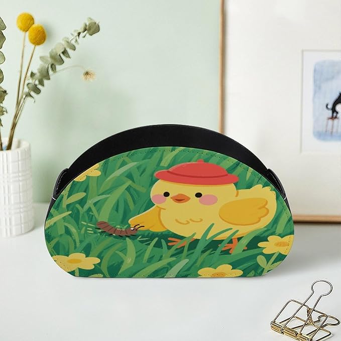 Yellow Chick in Grass Remote Control Holder Organizer Box with 5 Compartment PU Leather Bedside Storage Caddy Remote Organizer for Controller Media Player Pen/Pencil Storage