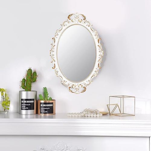 2 Pack - Vintage Decorative White Framed Mirror, Wall Hanging Mirrors & Tabletop Tray for Bedroom Living Room Dresser Decor, Oval- 9.6" W x 14.3" L (WHITE-2PACK)