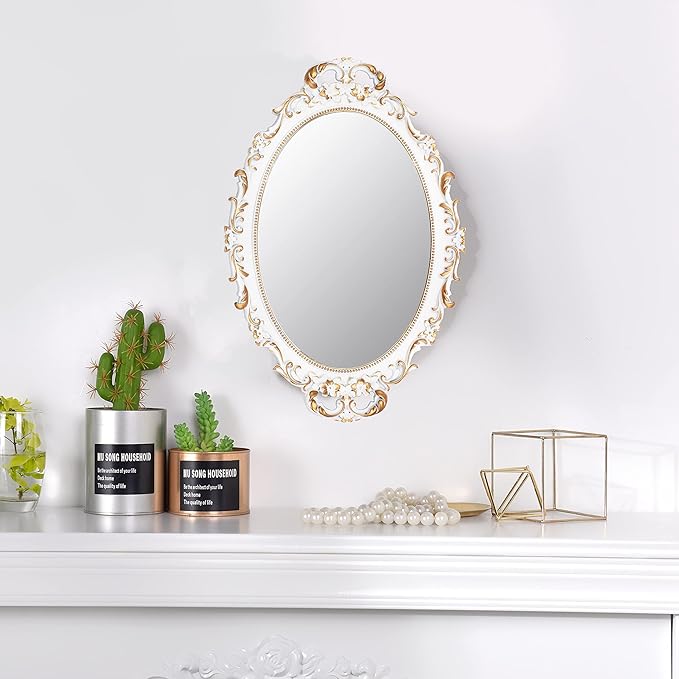 Vintage Decorative White Framed Mirror, Small Oval Wall Hanging Mirror - 9.6" W x 14.3" L (White)