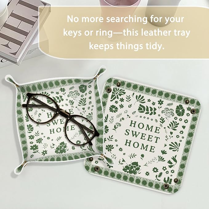 Housewarming Gifts Leather Jewelry Valet Tray, New House Gifts, Home Sweet Home PU Leather Catchall Beside Caddy Nightstand Organizer Tray for Jewelry Rings Watches Keys, 7.8x7.8inch
