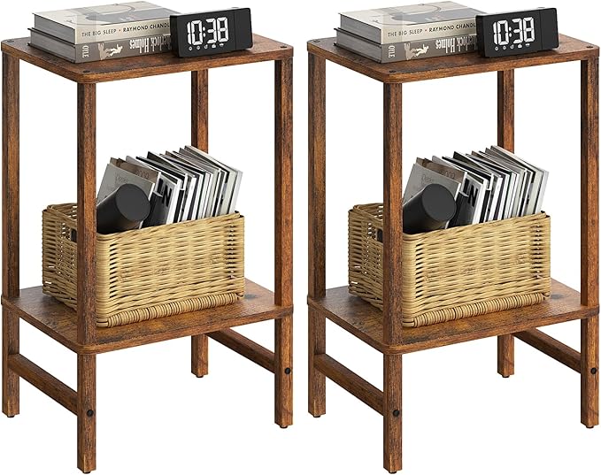 Side Table End Table Tall Night Stand 2-Tier 2 Pack for Living Room Bedroom Bathroom Office Furniture Brown