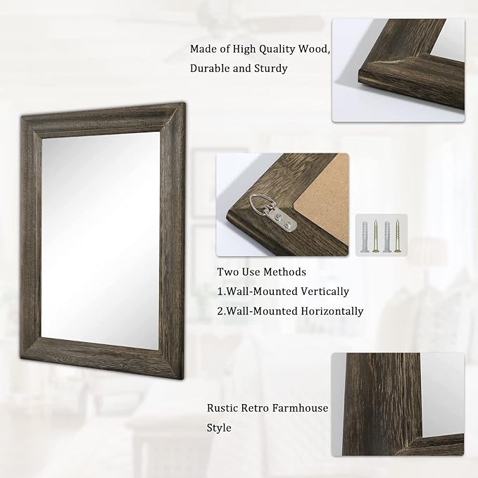Retro Wall Mirror with Wood Framed Large Rectangle Hanging Mirrors 26"x18" Decorative for Bathroom Bedroom Living Room