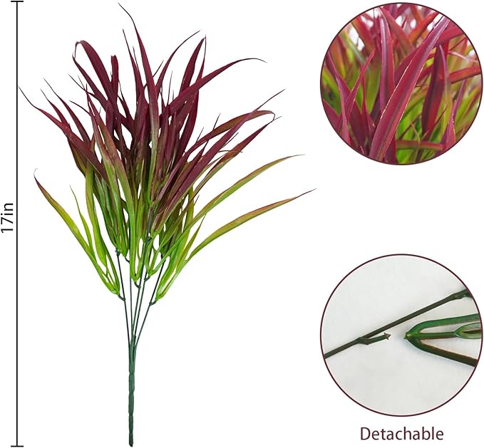 Uieke 28 Bundles Artificial Outdoor Plants UV Resistant Fake Grass Plants Faux Plastic Plants Greenery Shrubs for Home Garden Pathway Window Box Front Porch Summer Fall Decor, Deep Red