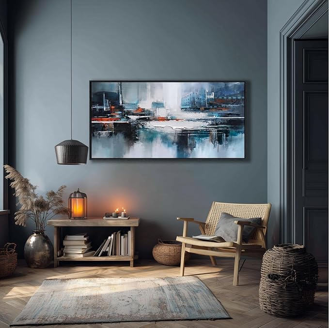Abstract Wall Art for Living Room - Modern Blue Wall Decor, Large Canvas Artwork, Framed Wall Art Bedroom Pictures, Navy Decor for Above Bed, Contemporary Home Decor 20×40IN