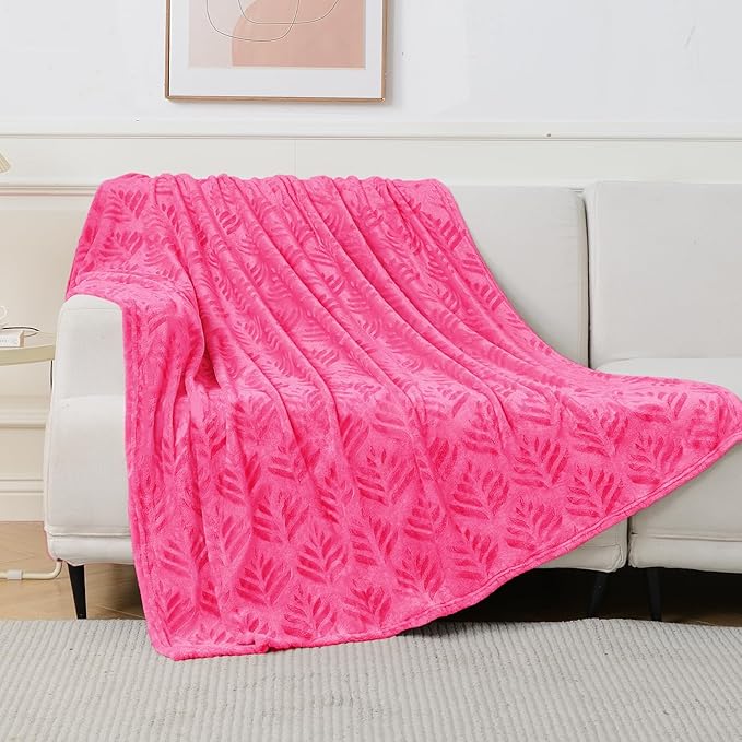 Exclusivo Mezcla Twin Size Fleece Blanket for Bed, Super Soft and Cozy Blankets All Season Use, Leaves Pattern, Plush Fuzzy Lightweight, Hot Pink, 60x80 Inch