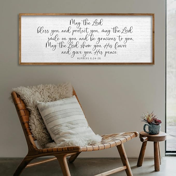TQianJiang Christian Wall Art Numbers 6:24-26 Bible Verse Catholic Decor 40"×15" Scripture for Living Room Religious Sign Christ Jesus Family Framed Home Hanging Decoration (Wood)