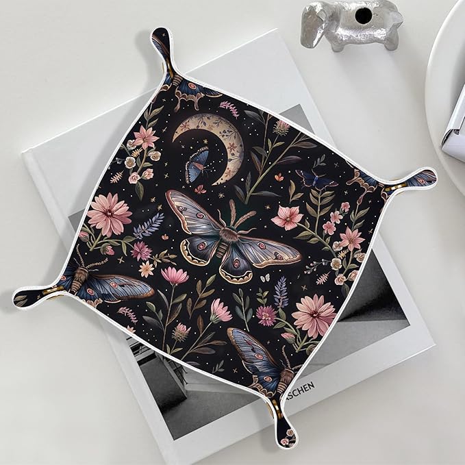 Butterfly Gifts Leather Jewelry Valet Tray,Gothic Moody Dark Cottagecore Butterfly Floral PU Leather Catchall Beside Caddy Nightstand Organizer Tray for Jewelry Rings Watches Keys,7.8x7.8inch