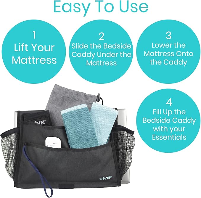 Vive Bedside Caddy - Bed Hanging Organizer - Storage Bag Shelf for College Dorm, Bedroom, Couch, Bunk - 8 Large Pockets with Charger Slots for Men and Women - Slides Under Mattress - Handle for Travel