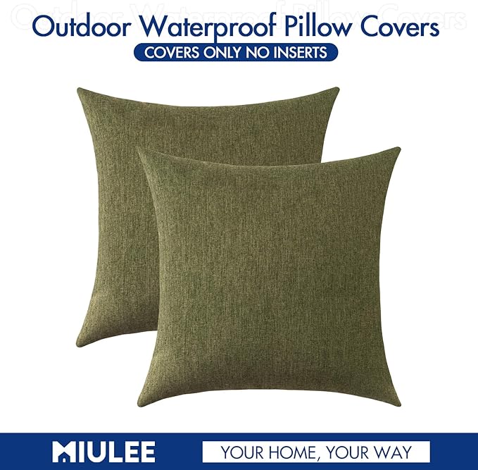 MIULEE Pack of 2 Decorative Outdoor Solid Waterproof Throw Pillow Covers Spring Faux Linen Garden Farmhouse Cushion Cases for Patio Tent Balcony Couch Sofa 18x18 Inch Olive Green