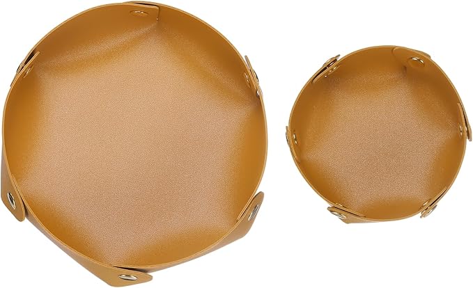 HARFINGTON 2pcs PU Leather Valet Tray Unisex Valet Tray Folding Round Catchall Tray Portable Entryway Table Tray Nightstand Bedside Desk Tray for Key Watch Coin Jewelry Dice, Ginger Yellow