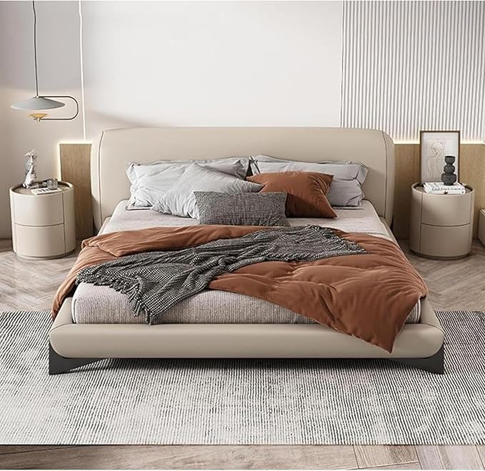 Round Nightstand,Bedside Table with 2 Solid Wood Storage Drawers,Modern Minimalist Bedroom Side Table,Leather Night Stands for Bedroom/Living Room,No Installation Required,End Table