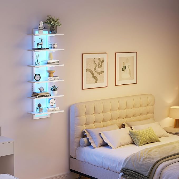 6 Tier Wall Shelf Unit with LED Light, White Floating Shelf, Vertical Display Shelf, Wall Decor for Bedroom, Living Room, Vanity, 15" W x 5.9" D x 43.3" H