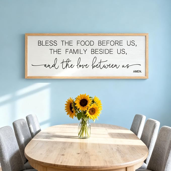Bless the Food Before Us, the Family Beside Us, and the Love between us Framed Wall Art for Dining Room, 40''×15'' Rustic Holy Positive Religious Bible Verse for Christian God Jesus Christ Prayer