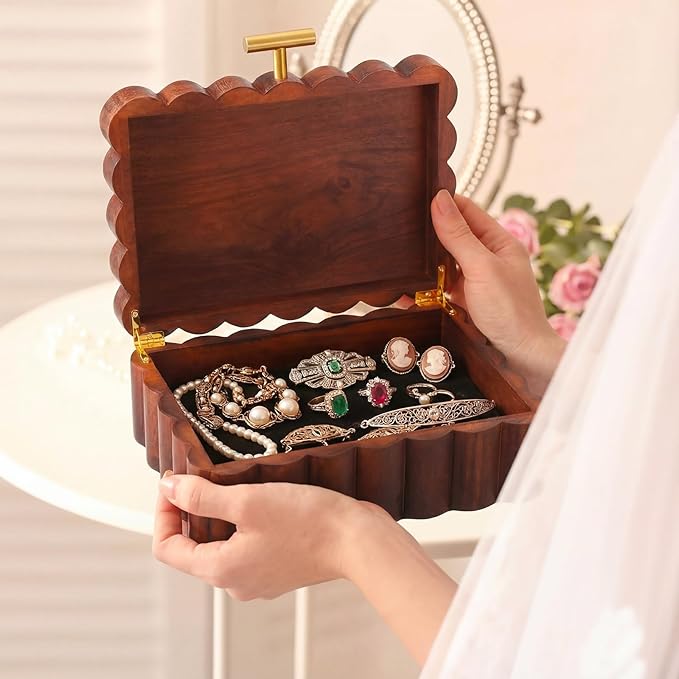 Nosiny Scalloped Wooden Jewelry Box Trinket Organizer with Lid Fan Shaped Decorative Storage Box for Keepsake, Rings, Earrings, Photos, Home Nightstand Dresser Display, 7.25 x 10 x 3.88 Inches