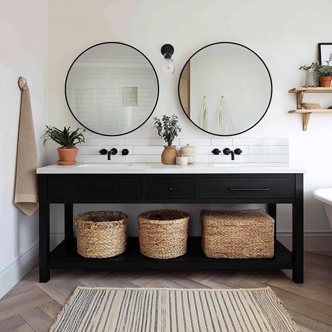 Black Round Mirror 24 inch, 2 Pack Black Circle Mirror, Round Bathroom Mirrors Metal Frame for Bathroom, Bedroom, Living Room, Hallway.