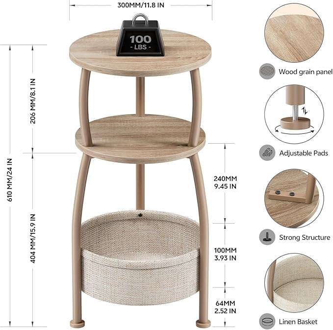 Small Side Table with Storage Basket, Space Saving Round End Table 3-Tier Bedside Corner Table for Living Room, Bedroom, Garden and More 11.81in Light Oak