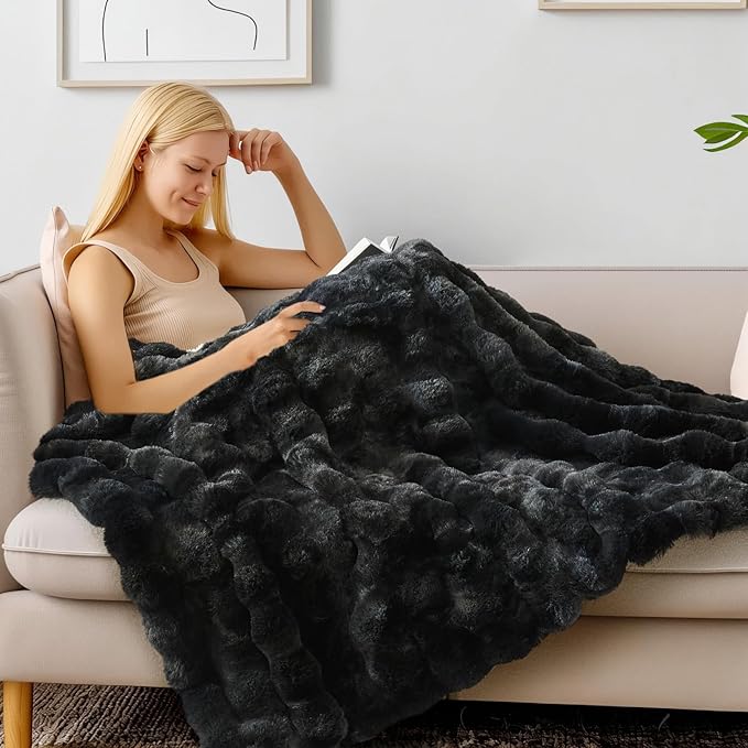 BEDELITE Faux Fur Throw Blanket for Couch, Decorative Tie-Dye Black Plush Bubble Blanket - Super Soft & Cozy Fluffy Faux Rabbit Fur Blanket for Women Gift, 60x80 Inches