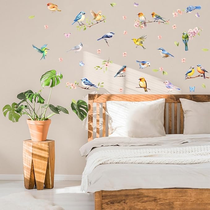 HLNIUC Branches Flowers Birds Wall Sticker 35”x12”DIY Spring Floral Window Clings Hummingbird on the Tree Branch Wall Decal Large Pink Cherry Blossom Removable Art Stickers for Living Room Kids Room