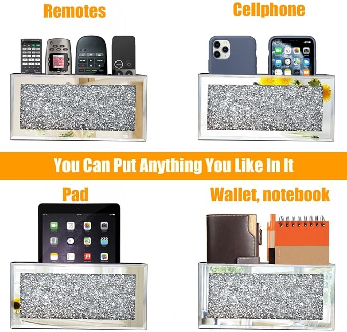 Mirrored Remote Holder, Wall Mounted Crush Diamond Bling Decoration Organizer Storage Box for Remote Phone Pad Wallet Notebook (8.3"×2.5"×4" For 3 or 4 Remote Controls) | Bling Decoration