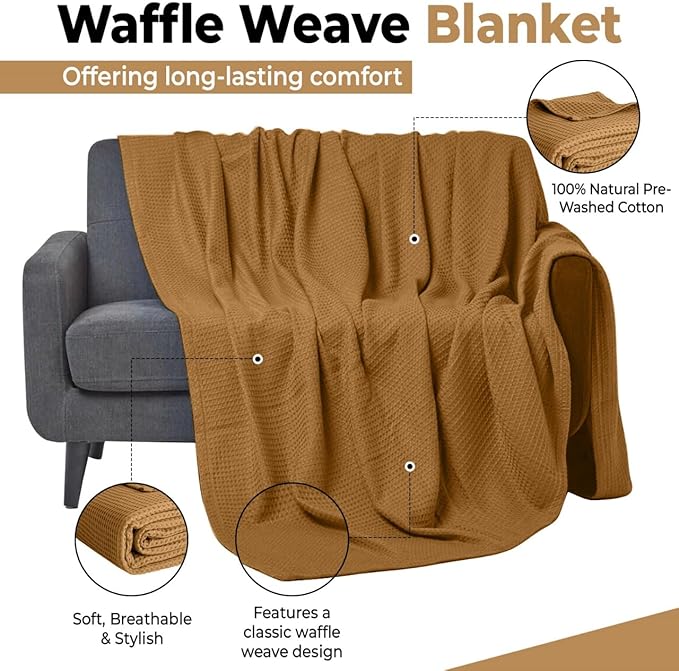100% Cotton Blankets for Bed - Waffle Weave Blankets for Summer, Lightweight and Breathable Soft Woven Blanket for Spring (Orange, Queen (90" x 90"))