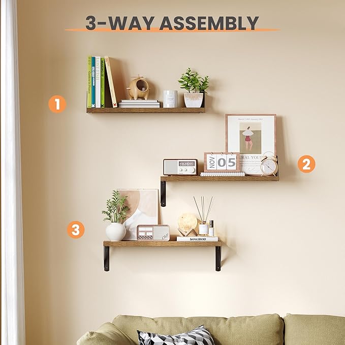 upsimples 23.6 Inches Floating Book Shelves for Wall, Floating Wood Shelves for Living Room, Laundry Room, Bedroom, Office Organizer and Storage, Brown