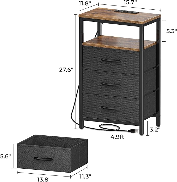 Huuger Nightstand with Charging Station, 27.6 Inch End Table Bedside Table with USB Ports and Outlets, Fabric Drawers, Night Stand for Bedroom, Rustic Brown and Black