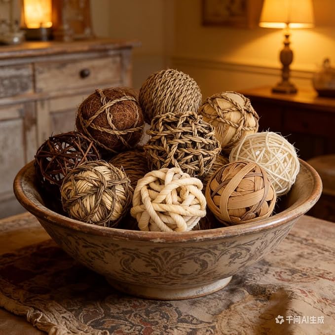 Kesywale 9pcs Rustic Decorative Balls for Centerpiece Bowls Vase Tray Fillers, 2.8 inch Assorted Wicker Rattan Balls Green Moss Orbs Spheres Home Table Decor (A)