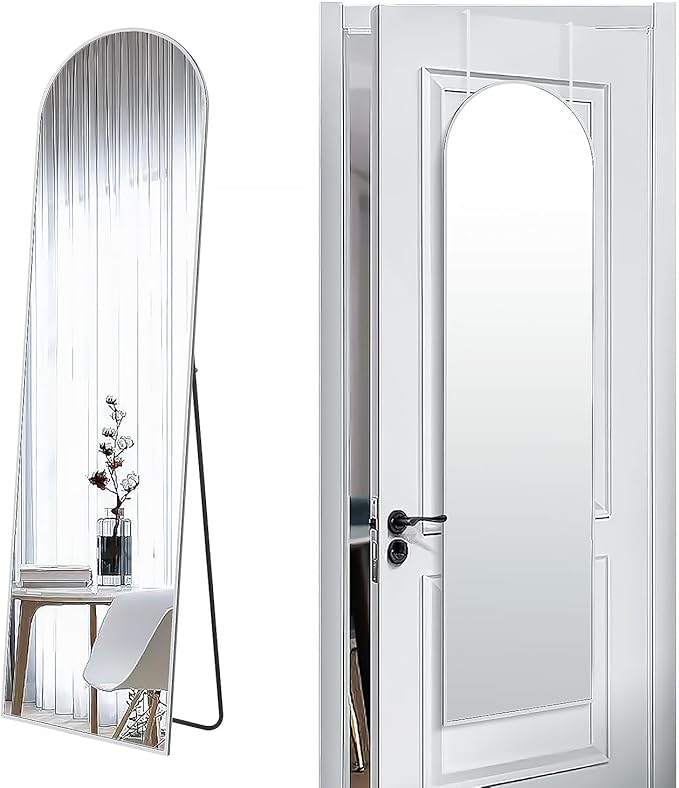 57x16 Door Hanging Full Length Mirror, Floor Stand (Height 5.7ft just Body in1.3ft) / Wall Mounted Metal Frame Arch Dressing Mirrors for Bedroom Living Room 57 inch Silver