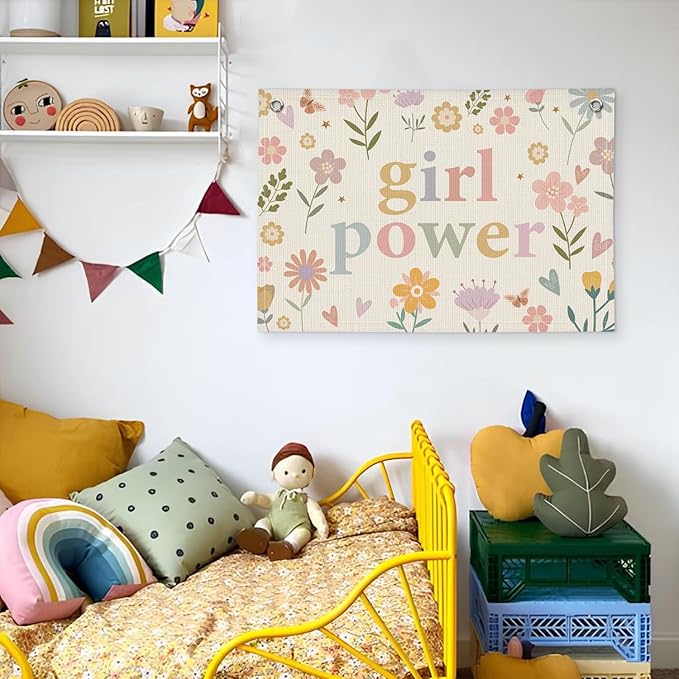 Girls Room Décor for Teen Girls, Wall Decor for Bedroom Motivational Inspirational Wall Art Girl Room Decoration for Kids Nursery, Cute Wildflower Floral Girl Power Banner