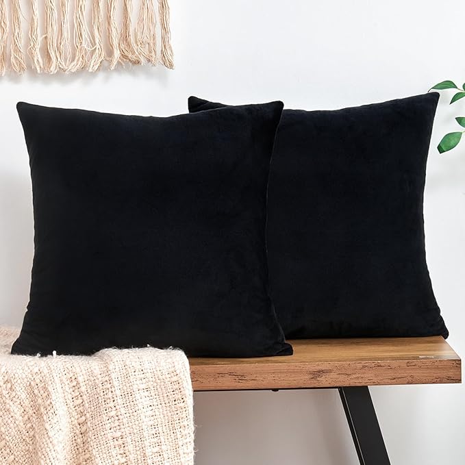 Throw Pillow Covers Decorative Velvet Set of 2 16x16 Inch Pillow Covers, Soft Black Pillowcases for Couch Sofa Bed Living Room, Farmhouse Home Boho Decor, Square Accent Cushion Covers