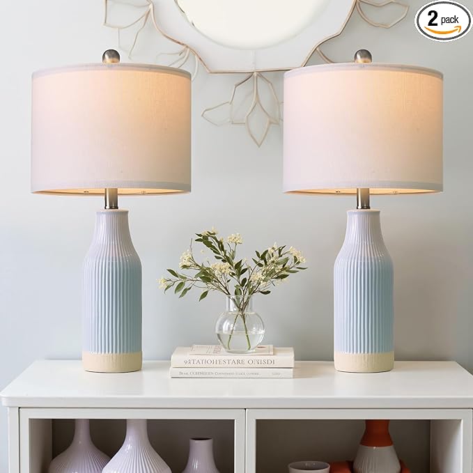 23.75inch Light Blue Modern Ceramic Bedside Lamp Set of 2 with 5FT Cord for Bedroom Decor Farmhouse Table Lamp for Living Room Office Dorm
