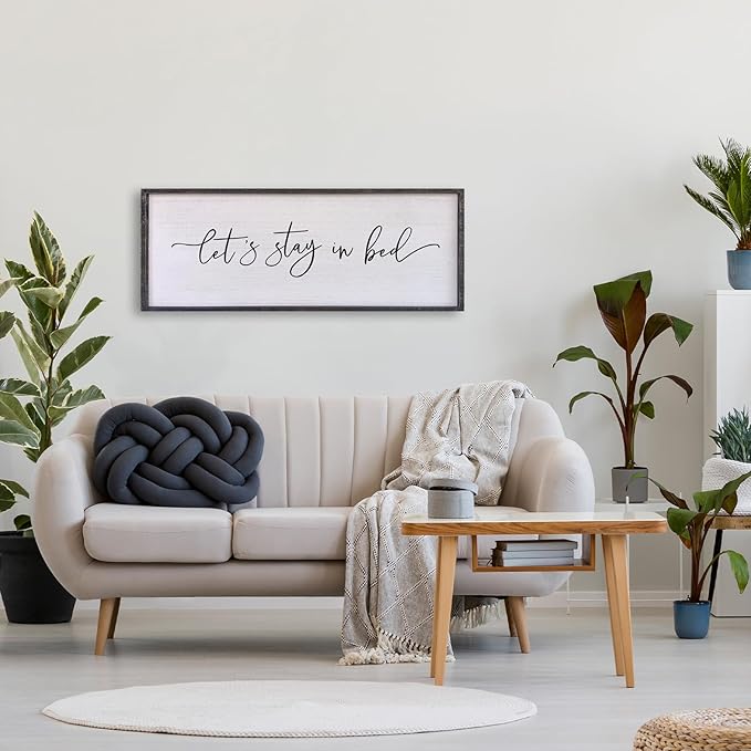 Surfapans Lets Stay In Bed Wall Decor 40”X15” Large Farmhouse Master Room Above Bed Soild Wood Framed Rustic Guest Room Sign Beautiful And Simple Plaque Over Bed Hanging Wall Art Decoration (Black)