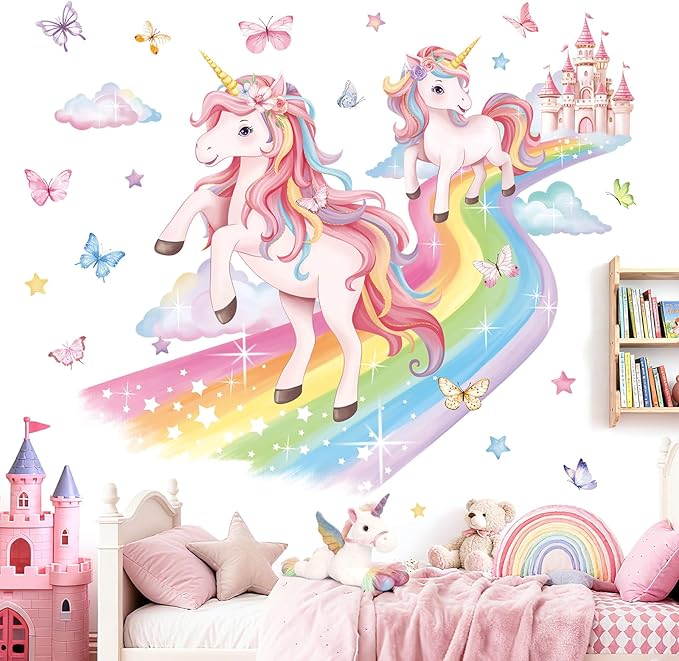 decalmile 2 Large Unicorn Rainbow Wall Decals Fairy Castle Cloudy Butterfly Wall Stickers Girls Bedroom Baby Nursery Kids Room Home Decor