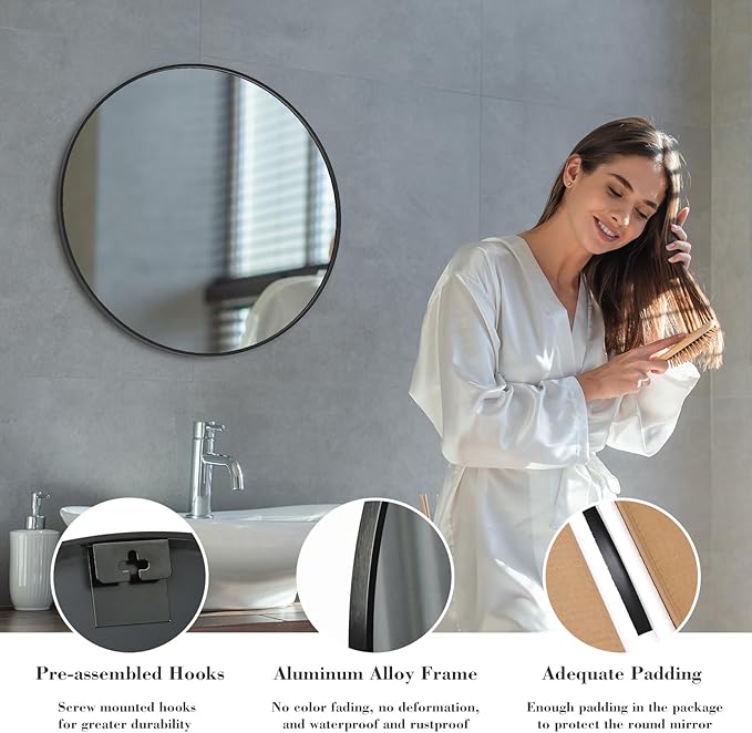 Sweetcrispy 24-inch Black Round Wall Mirror, Circle Bathroom Mirrors with Metal Frame, Wall-Mounted Mirrors for Living Room, Bathroom, Entryway
