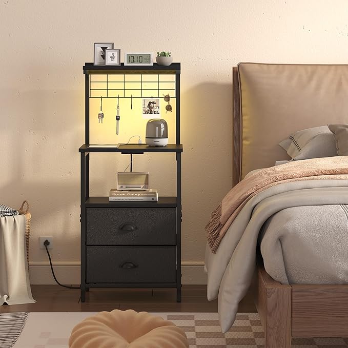 Bedside Tall Nightstands with Charging Station, LED Bedside Table for Bedroom - 3 PU Fabric Drawers, Hooks, USB/Type-C Ports & Open Bedside Storage Shelves, Black