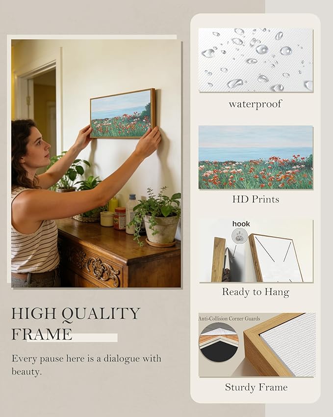 SHENIFY Vintage Framed Wall Art Coastal Wildflower Field Poppy Flower Landscape Scenery Home Decor Retro Decorations for Farmhouse Bedroom Ready to Hang Wall Artwork - 8x16in Natural Framed