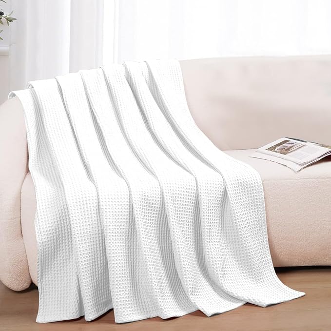 100% Cotton Blankets for Bed - Waffle Weave Blankets for Summer, Lightweight and Breathable Soft Woven Blanket for Spring (White, King (90" x 108"))