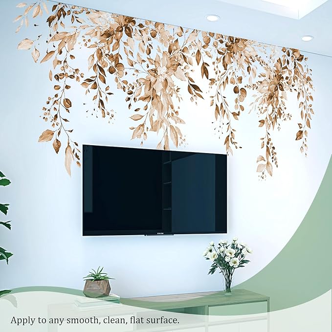 Brown Plants Leaves Wall Decals Peel and Stick, Large Floral Flowers Vinyl Wall Stickers, Removable Vine Home Decor Art for Bedroom Living Room Classroom Office