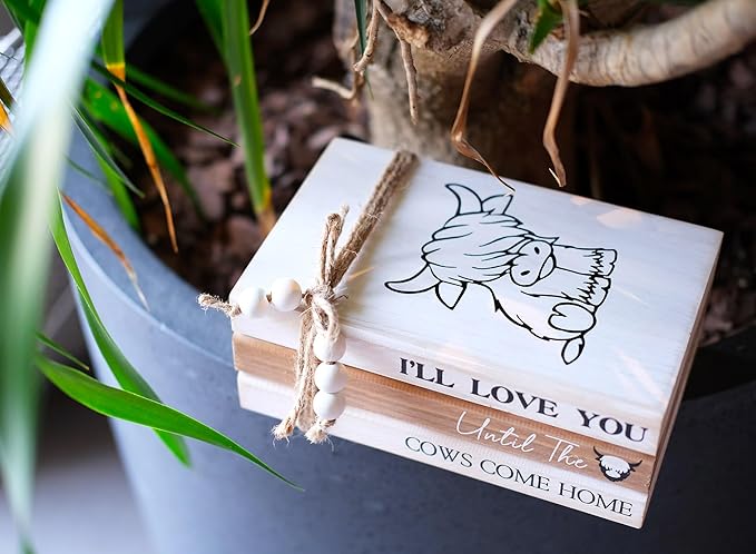 LIVDUCOT Highland Cow Wood Book Stacks Decor - Rustic Farmhouse Decorative Books Sign for Home Coffee Table Mantle Fireplace Shelf Decorations - I'll Love You Until the Cows Come Home 7.5x5x3'