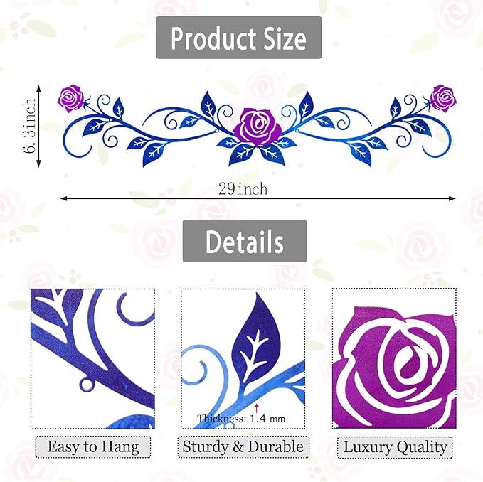 AHYS Metal Flowers Wall Decor Rustic Flat Rose Vine Wall Art for Farmhouse Home Living Room Bedroom for Above Door/Bed/Windows Decor (Blue & Purple) - 29x6.3 Inches