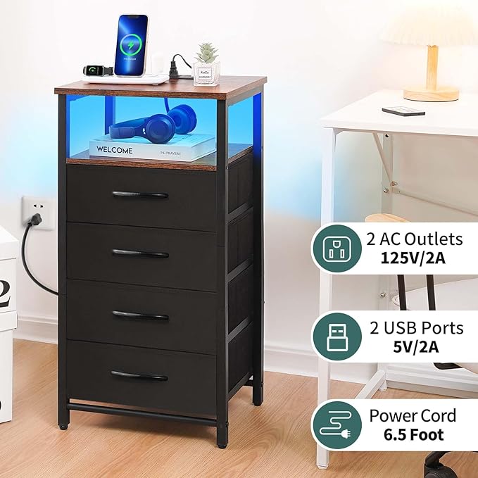 Yoobure Night Stand - LED Nightstand with Charging Station, Tall Dresser for Bedroom, Bedside Table with 4 Fabric Storage Drawers and Storage Shelf, End Table with USB Ports and Outlets